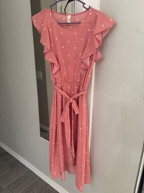 Polka Dot Ruffle Tie-Waist Midi Dress - Coral Pink